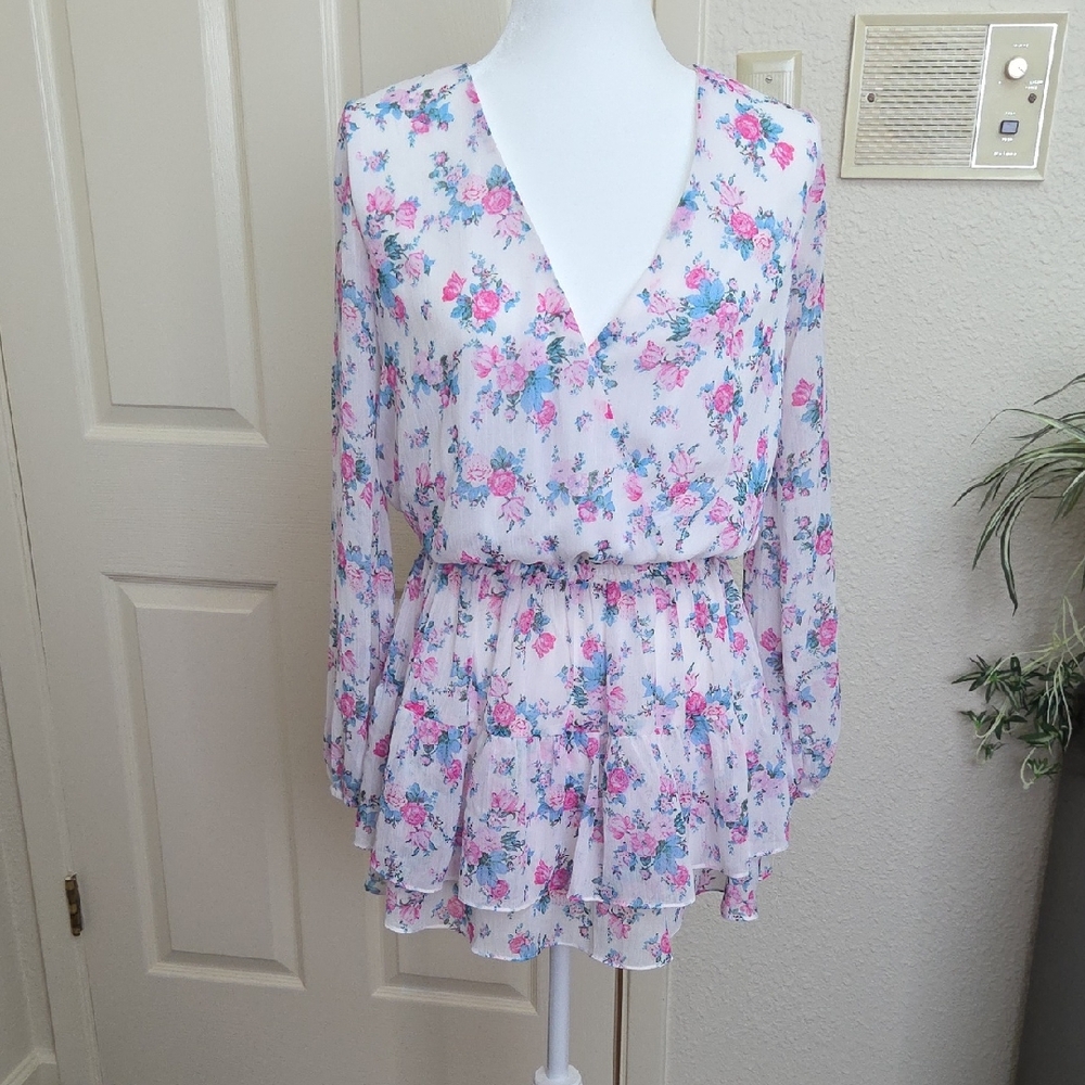 Sadie White Floral V-Neck Tiered Blouse with Pink and Blue Flowers